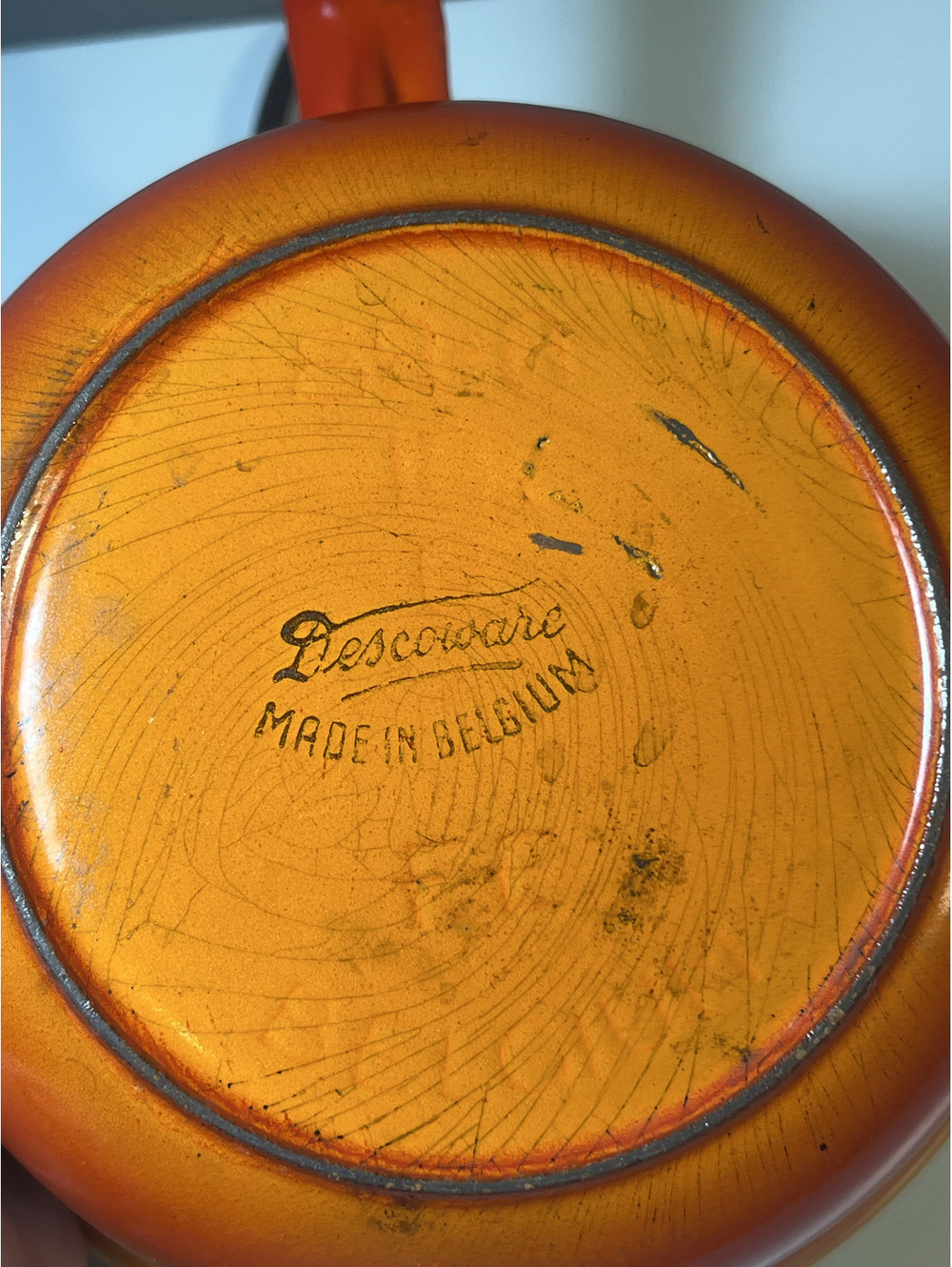 Vintage Descoware Belgium Orange Flame Enamel Cast Iron Saucepan Pot FE